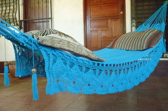 Turquoise Double Hammock hand-woven Natural Cotton with Bell Fringe Crochet