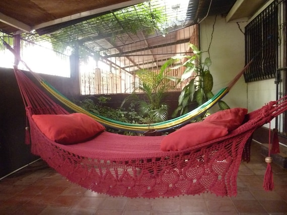 Magic Red Magic Hammock, Hand Woven Natural Cotton with Bell Fringe Crochet