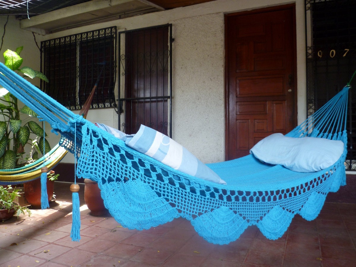 Turquoise hammock, Double Hammock hand-woven Natural Cotton Simple Fringe