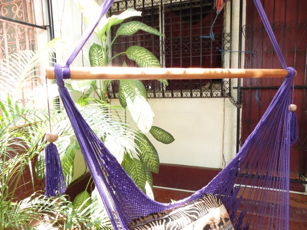 Purple Sitting Hammock, Hanging Chair Natural Cotton and Wood