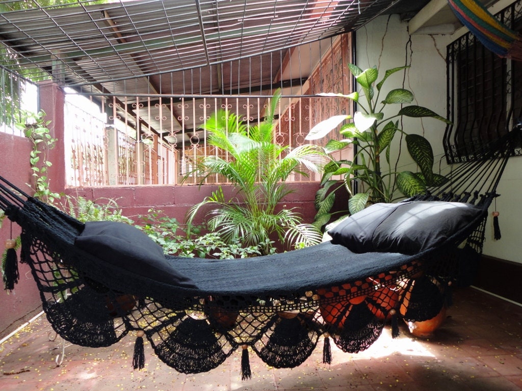 Black Hammock, Hand Woven Natural Cotton with Special Fringe