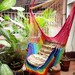 Rainbow Colors Sitting Hammock, Hanging Chair Natural Cotton and Wood plus Simple Fringe