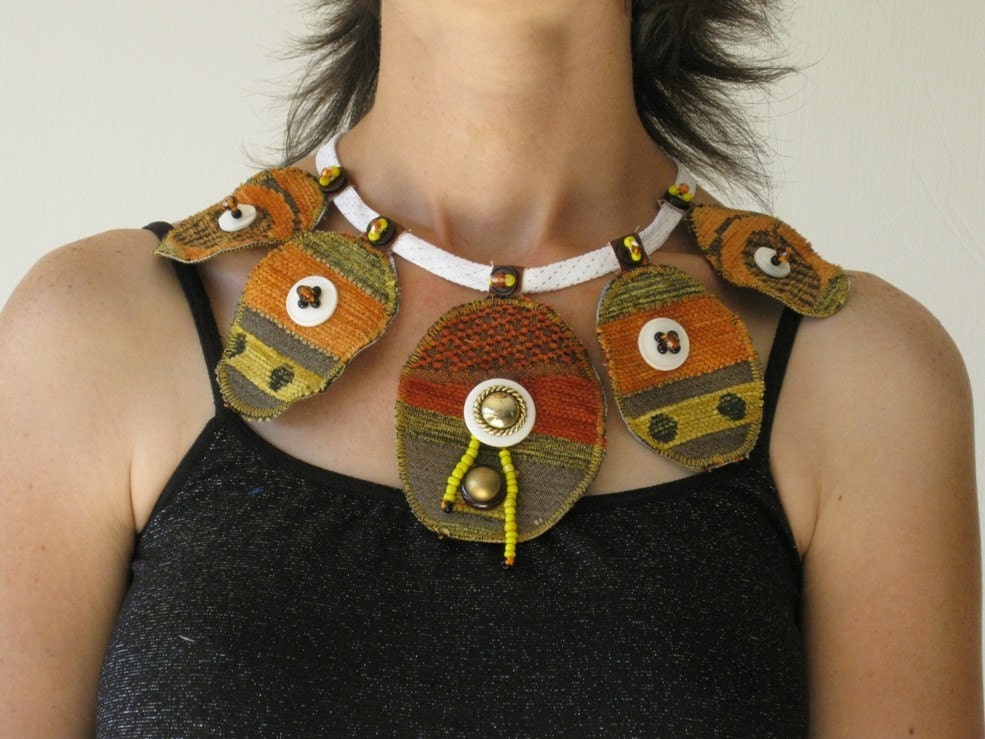 Orange, Yellow, Gray Upcycled CHOCKER - Bib - NECKLACE Fabric Textile Jewelry & Vintage / New Buttons and Beads