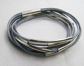 silver tubes grey leather wrap cuff magnetic bracelet s45