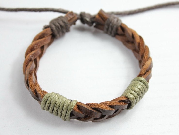 men or women brown knit leather bracelet with cord wraps f70