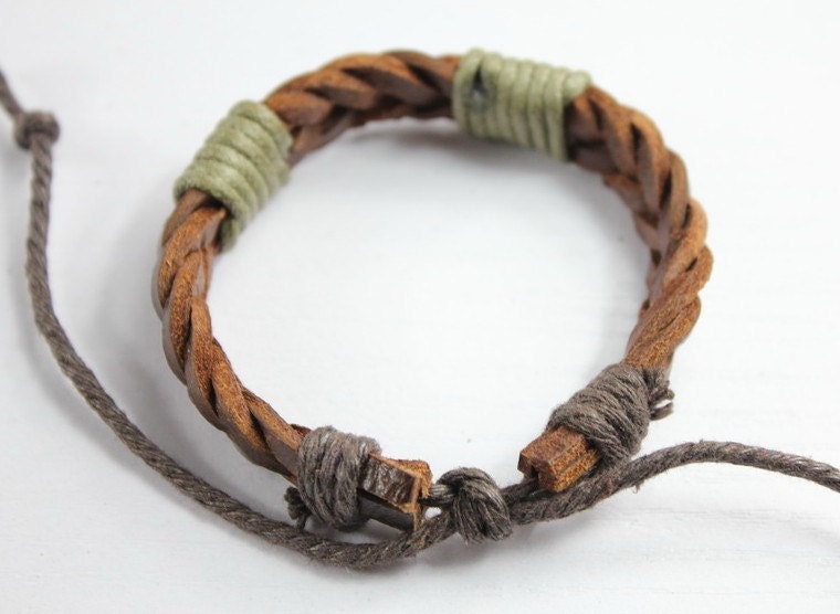 men or women brown knit leather bracelet with cord wraps f70