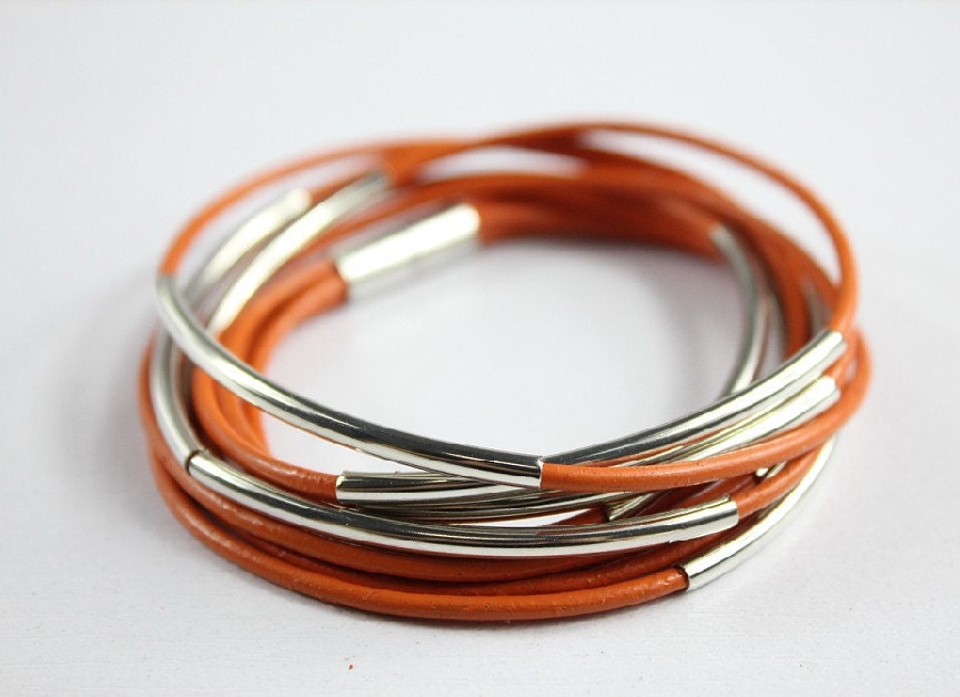 women silver tubes orange leather wrap magnetic bracelet  s114