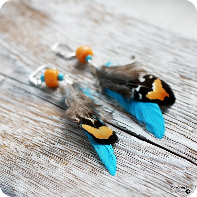Bright Boho Earrings - Turquoise and yellow feather