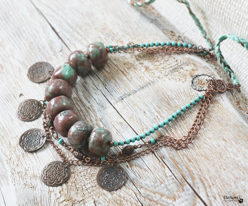 Boho chic necklace - Mint green and brown OOAK