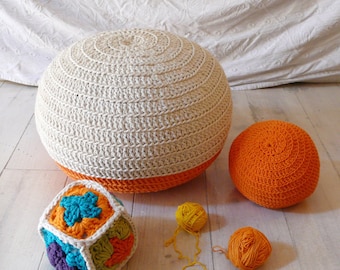 Pouf Crochet  small - ecru and orange