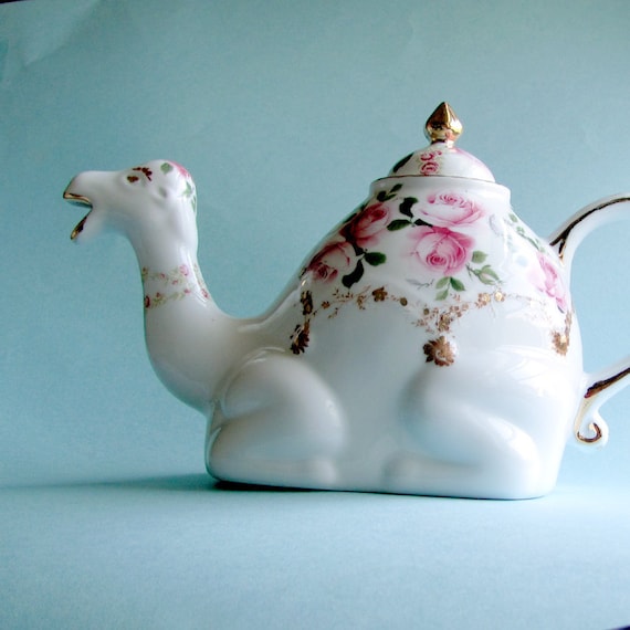 Camel teapot with pink roses and 22kt gold hand-applied designs