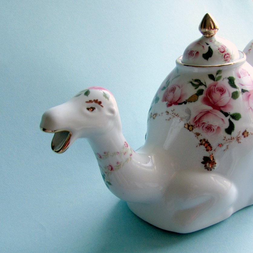 Camel teapot with pink roses and 22kt gold hand-applied designs