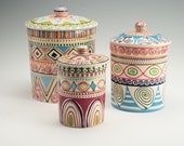 Bohemian Canister Set Multicolor with Lids Diamonds Stripes Dots Circles Hand Painted