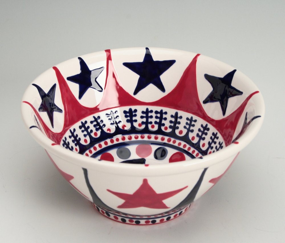 Serving Bowl Red White Blue Hand Painted Colorful Fruit or Small Mix Bowl