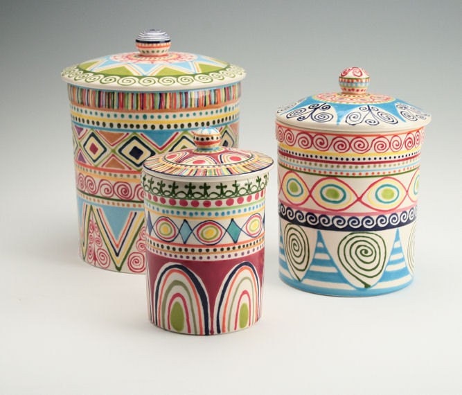 Bohemian Canister Set Multicolor with Lids Diamonds Stripes Dots Circles Hand Painted