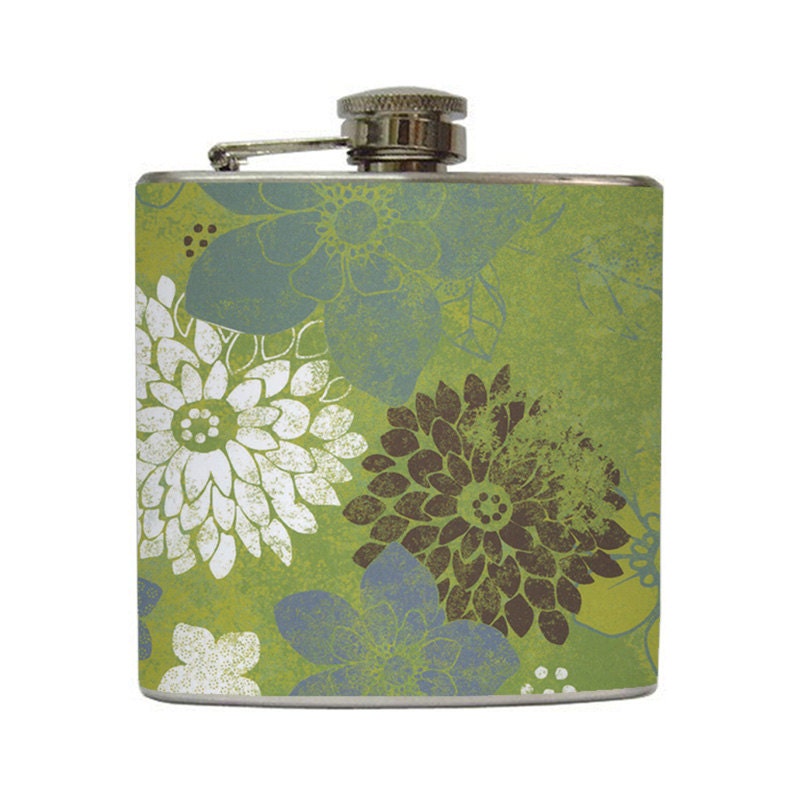 Green Flower Bouquet Whiskey Flask Flower Silhouette Collage Girls Bridesmaid Gift Stainless Steel 6 oz Liquor Hip Flask LC-1011
