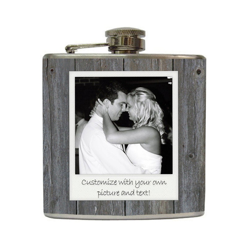 Custom Polaroid Photo Flask Vintage Black and White Polaroid on Grey Barn Wood Stainless Steel 6 oz Liquor Hip Flask
