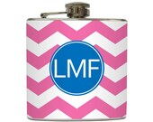 Personalized Flask with Your Initials on Chevron Striped Pattern Custom Color - Stainless Steel 6 oz Liquor Hip Flask LC-1061