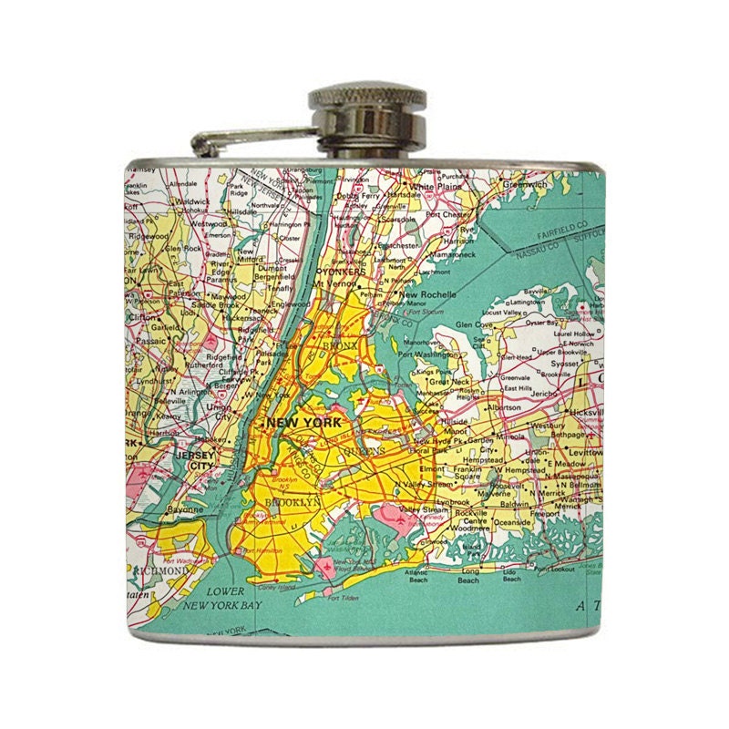 New York NY Hip Flask  Brooklyn Bronx Map Wedding Bridal Party Gift Stainless Steel 6 oz Liquor Hip Flask LC-1084