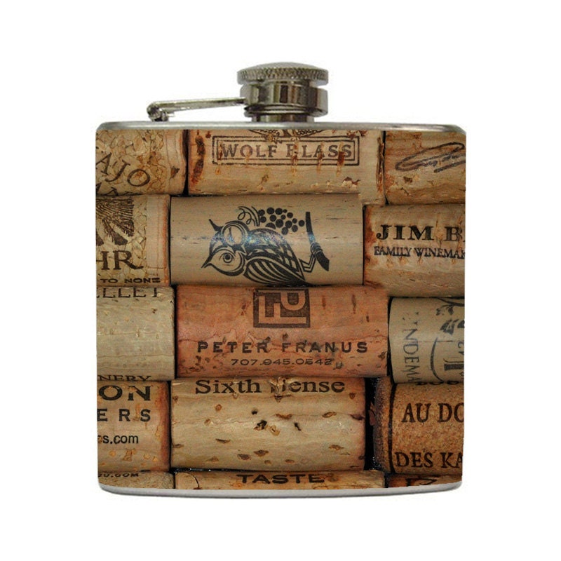 Wine Liquor Hip Flask Bottle Cork Collage Bridal Party Gift Valentine's Day Stainless Steel 6 oz LC-1095