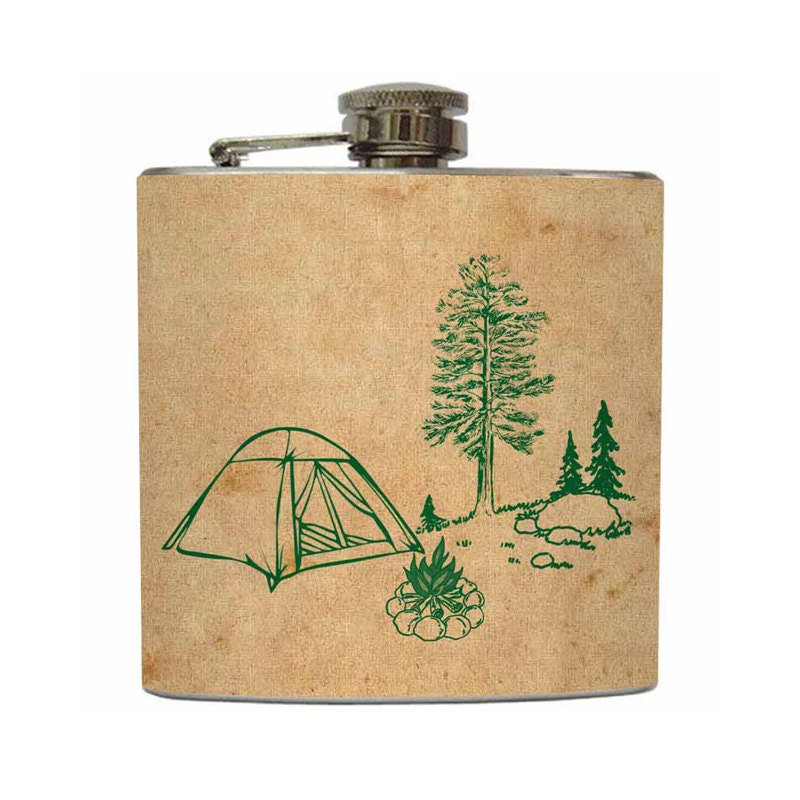 Camping Tan Tent Whiskey Flask Campfire Pine Tree Outdoors Hiking Groomsmen Gift Stainless Steel 6 oz Liquor Hip Flask LC-1029