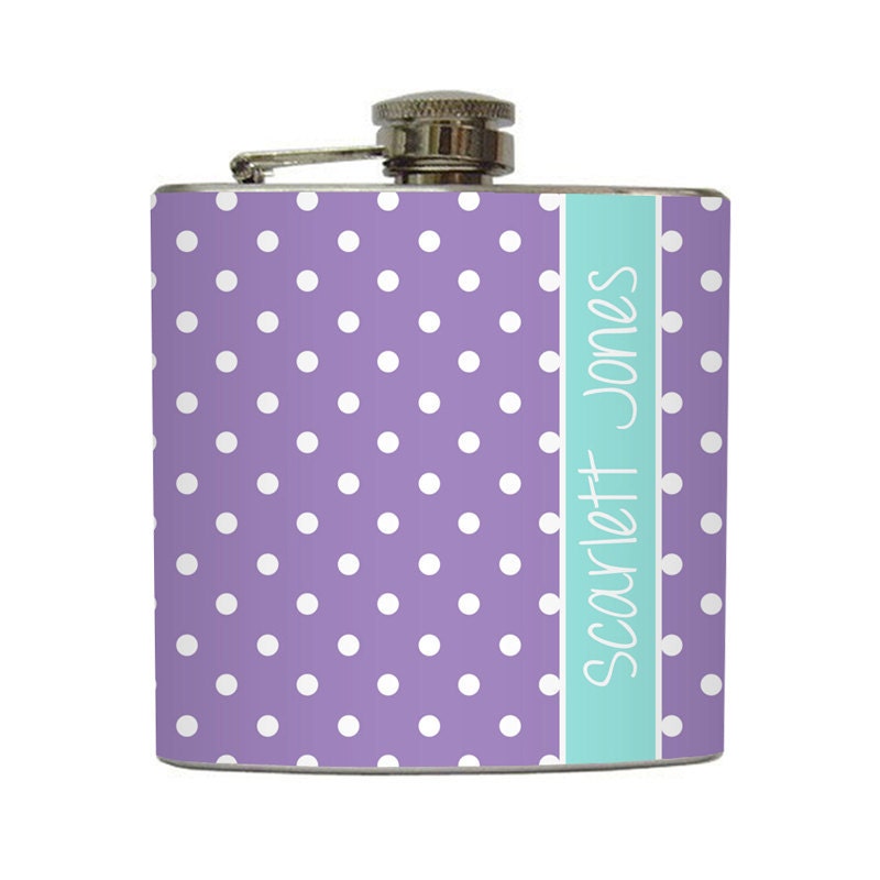 Personalized Flask with Your Name on Custom Color Polka Dot Pattern - Stainless Steel 6 oz Liquor Hip Flask LC-1190