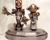 Robot Wedding Cake Topper Bride Groom Wood Statues Classic V3 with Guitar and Camera