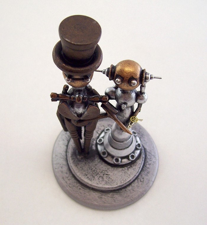 Small or CUPCAKE Elegant Robots Wood Wedding Cake Topper Space Princess Bride and Groom Top Hat Tails