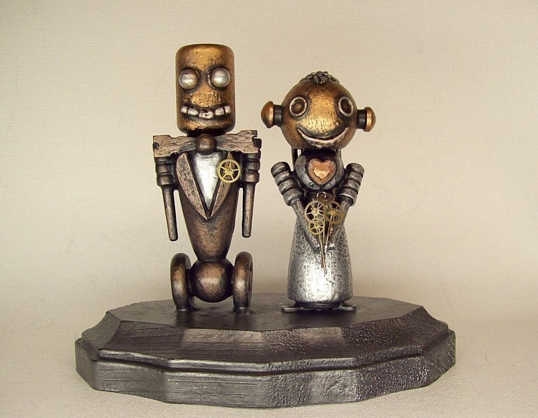 Robot Bride and Groom Wedding Cake Topper Wood Statues with Base