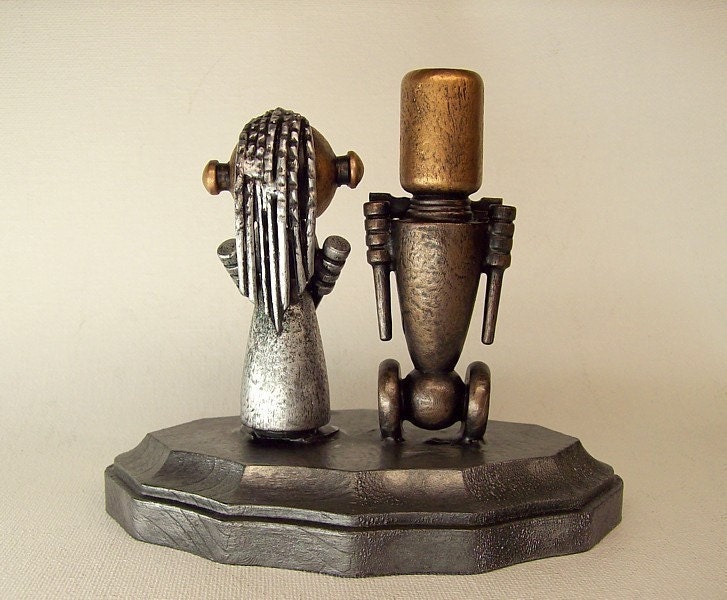 Robot Bride and Groom Wedding Cake Topper Wood Statues with Base