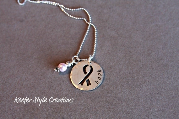 Hand Stamped AwarenessBreast Cancer  Ribbon cut out necklace
