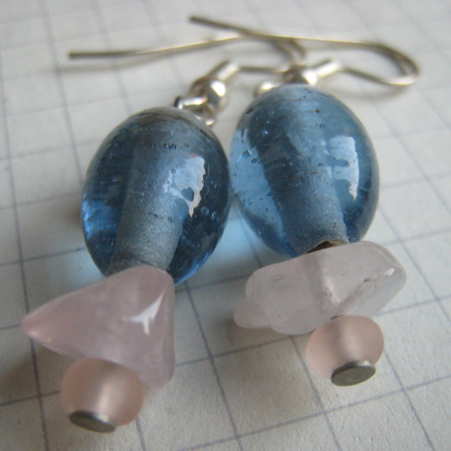 Blue Glass and Pink Stone Silver Dangly Earrings
