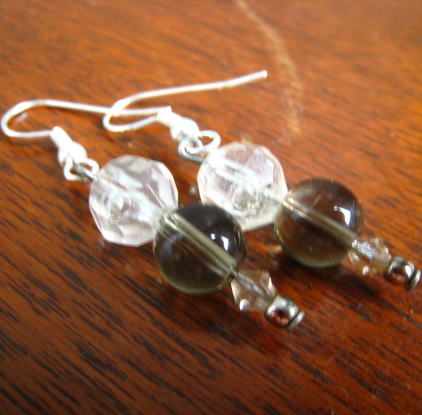 Faceted Clear and Smoky Grey Beads with Swarovski Crystals Silver Earrings