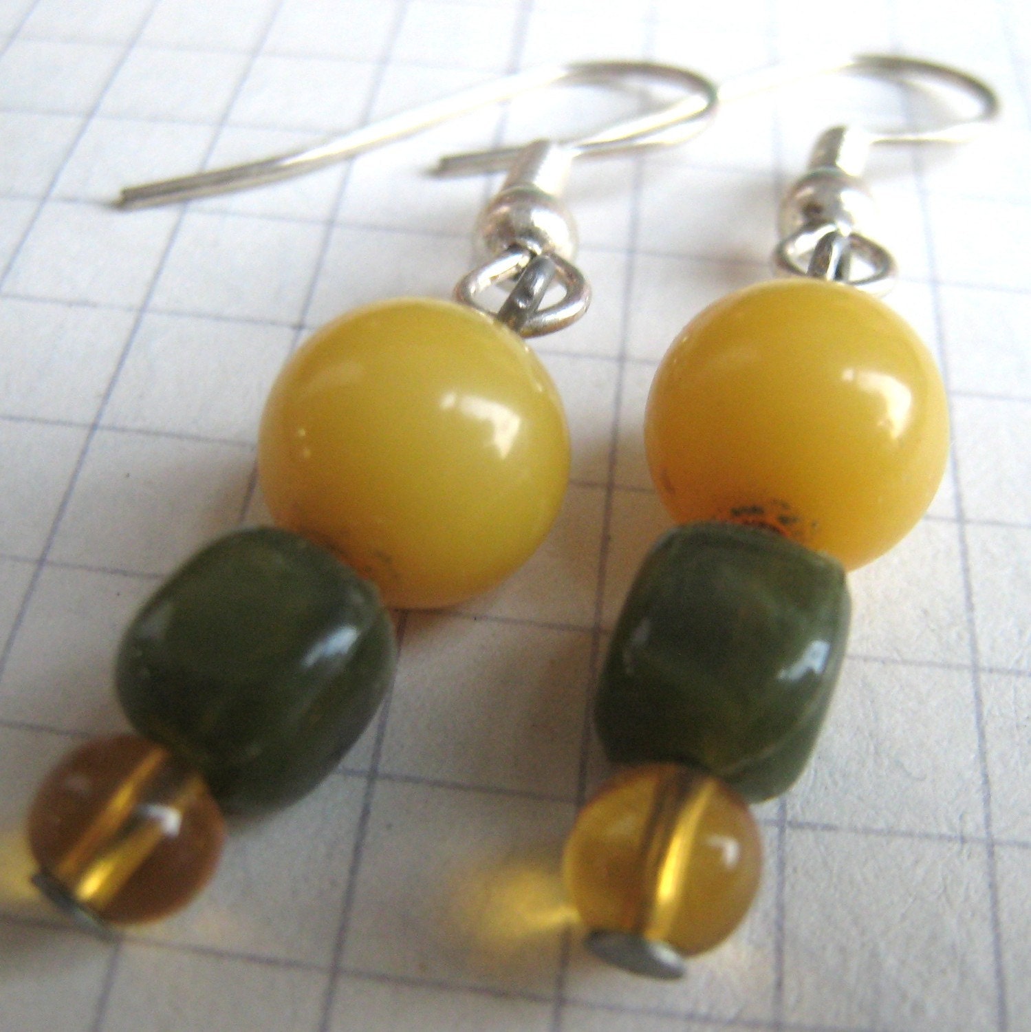 Mustard Yellow, Olive and Amber Upcycled Beaded Dangly Earrings