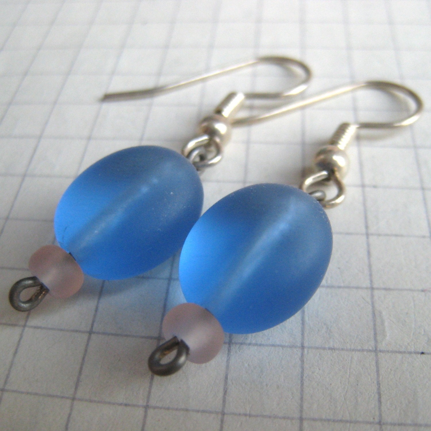 Cerulean Blue and Pink Glass Dangly Silver Earrings
