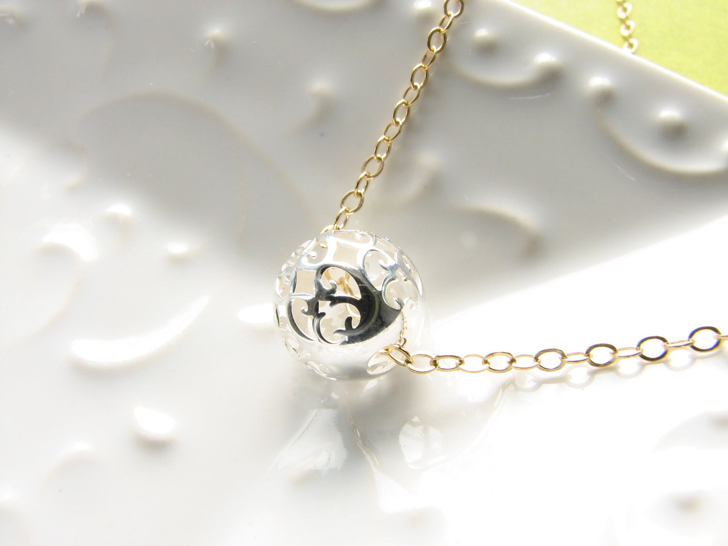 Sterling silver filigree globe round bead necklace gold chain