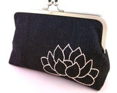 Lotus flower - hand embroidered 8inch/20cm clutch purse - black denim and pink
