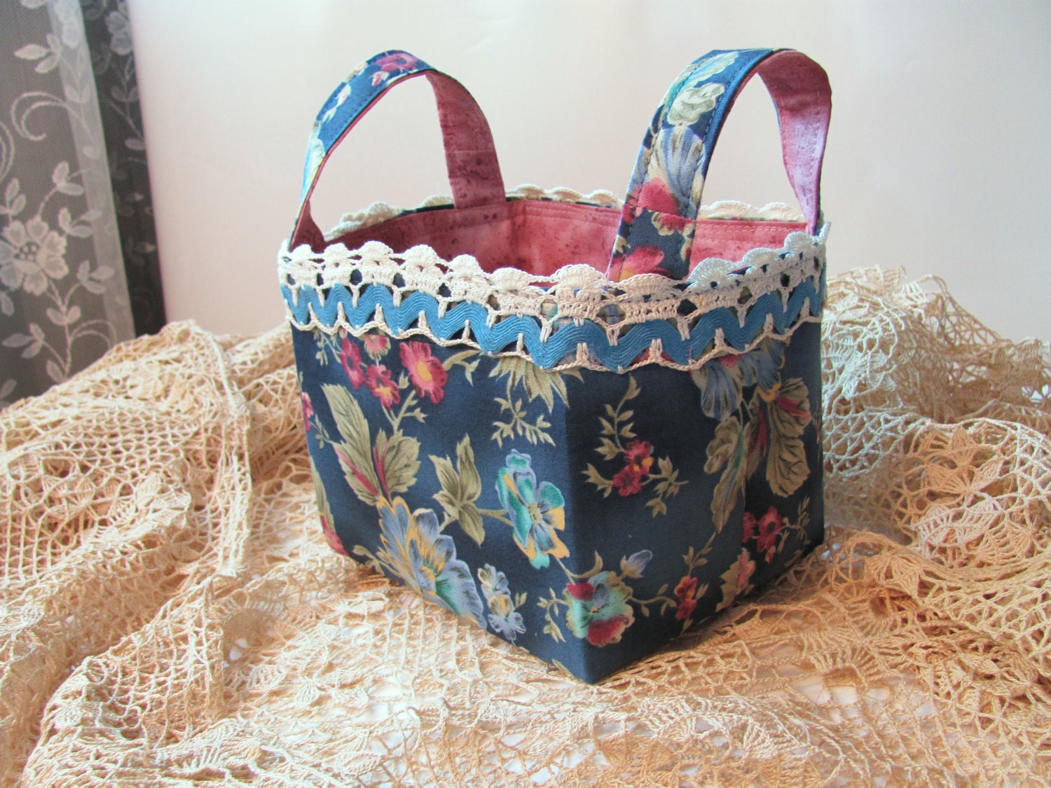 Vintage Handmade Crocheted Rick Rack Lace on Blue Floral Fabric Organizer Bin