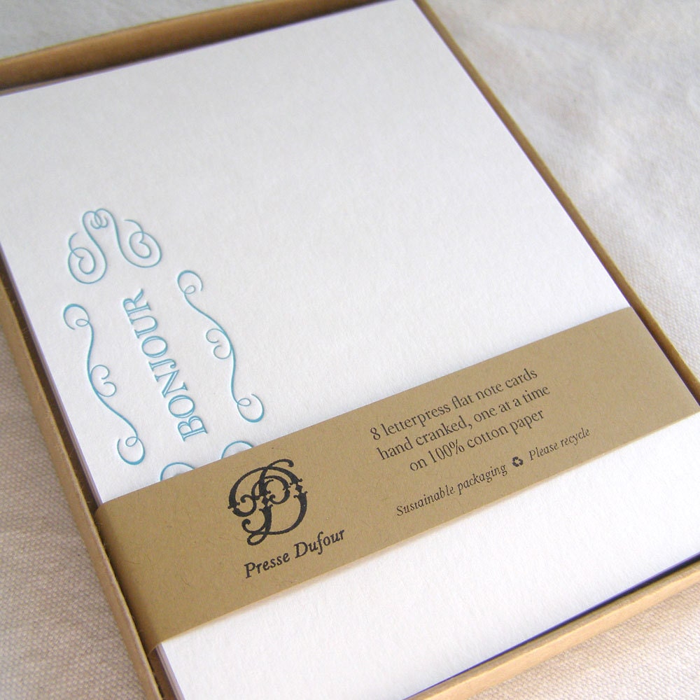 Letterpress Note Card Set - Bonjour in Peacock