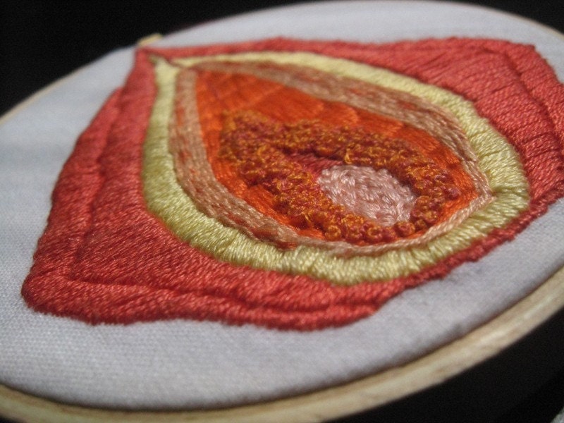 Hand Embroidered Vagina Art - Vulva Lovely in Orange - Free Shipping to any USA Location
