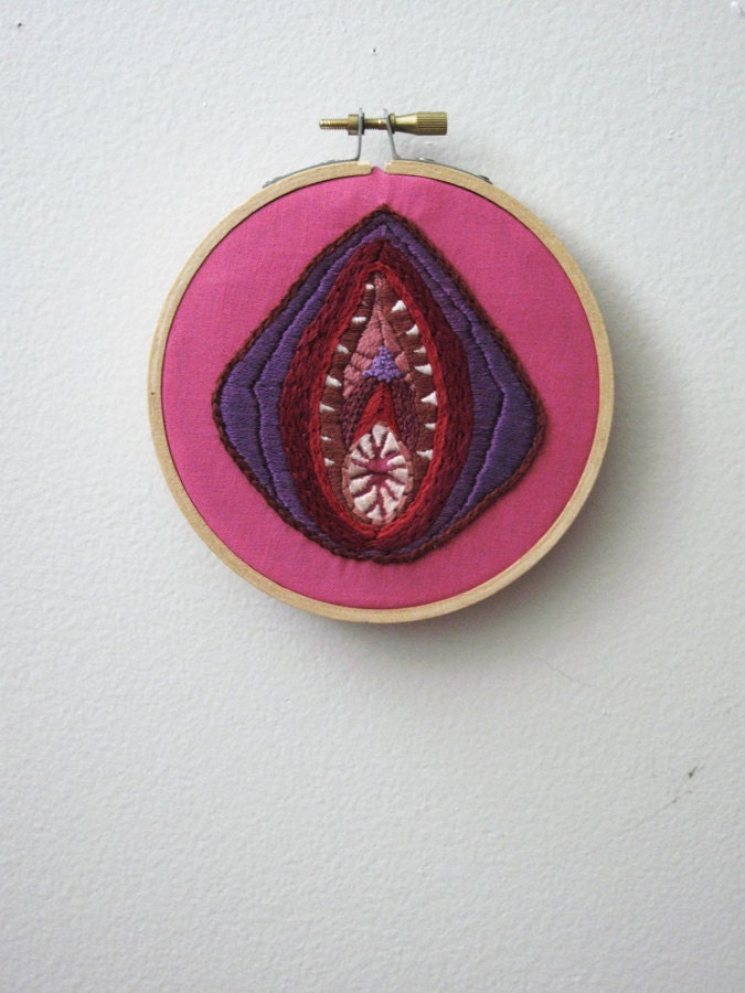 Hand Embroidered Vagina Art - Vagina Dentata in Purple and Pink - Mature - Free Shipping to any USA Location