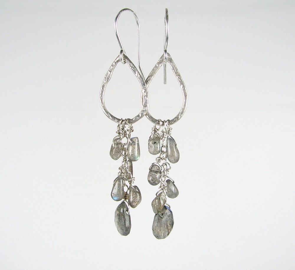 Maui rain Labradorite gray rain drops gemstone earrings silver tear hoops long dangles