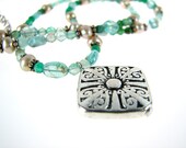 Tropical beach oceans green blue aqua stones necklace pearls