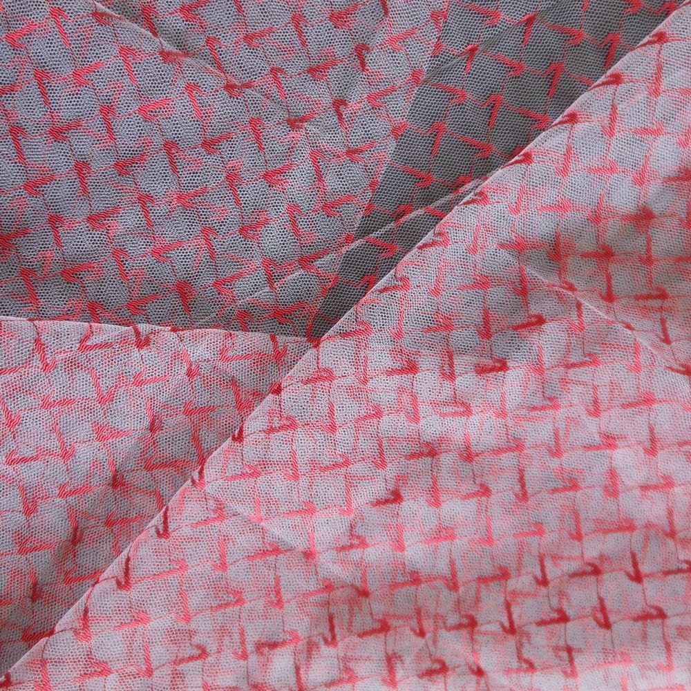 Red and White Tulle Fabric, Embroidered