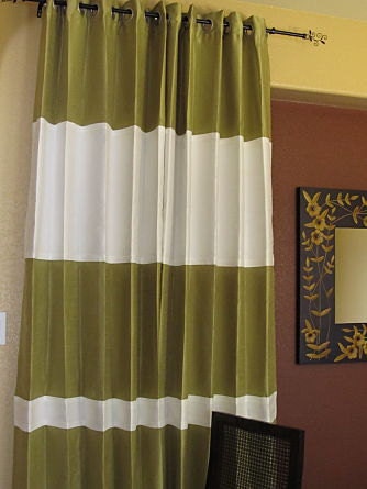 Two tier Curtains with asymmetric solid bands in any two colors of your choice 84in height drapes