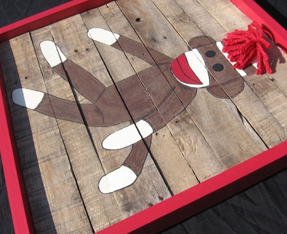 Sock Monkey Painting on Wooden Panel NEW