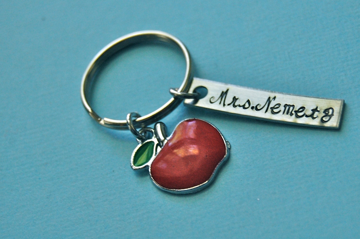 Teacher gift, personalized, apple charm, hand stamped tag keychain