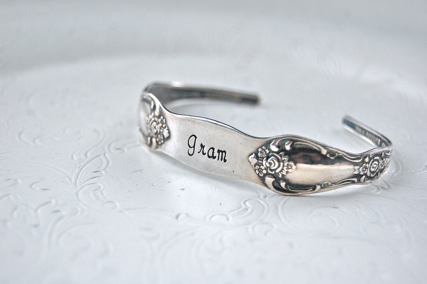 Name bracelet cuff, vintage silver spoon style, hand stamped