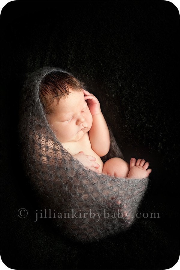 DREAMY wrap - hand knit lace blanket, silk kid mohair,  newborn photo prop - color Smoke