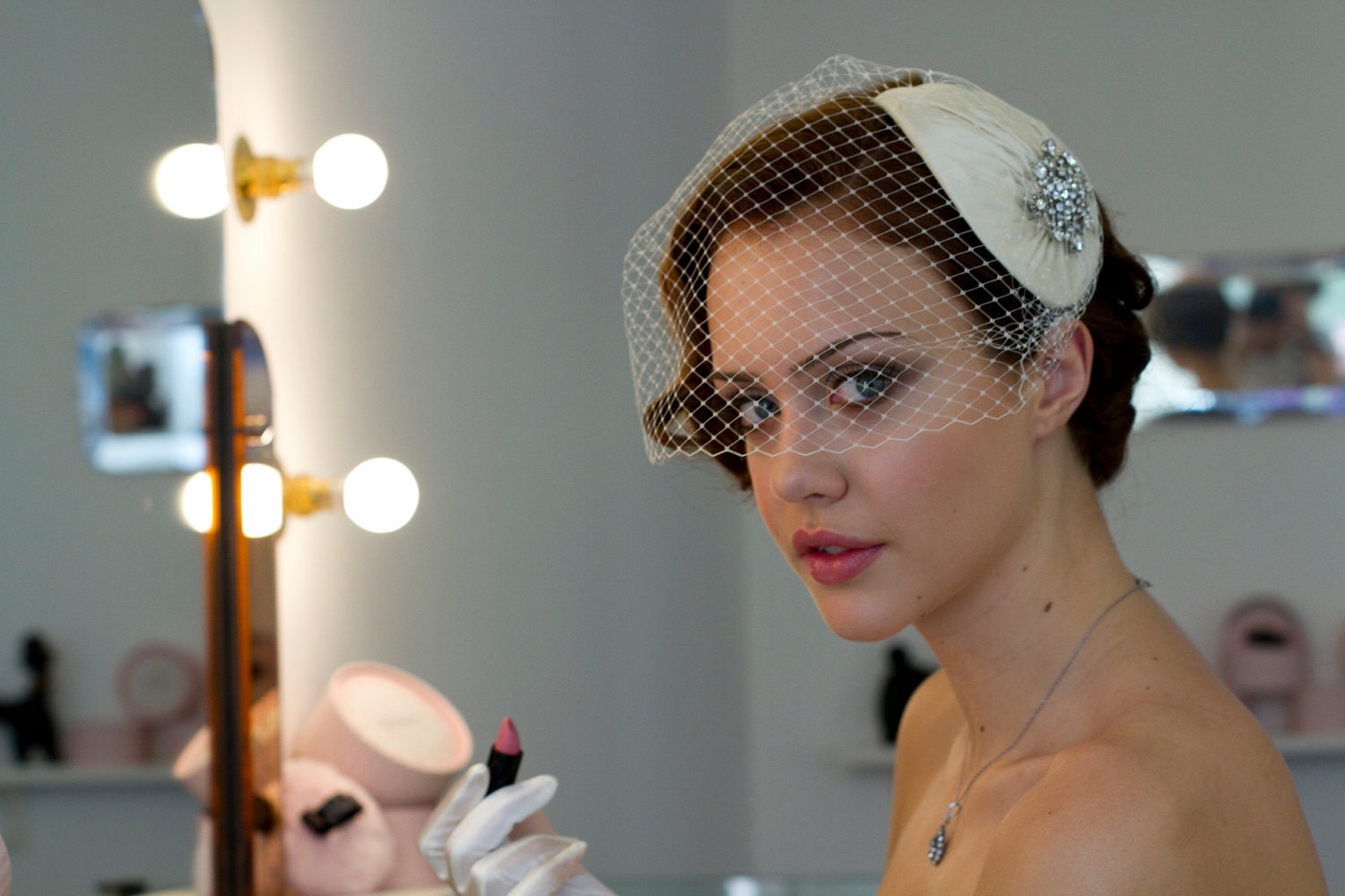Vintage style Bridal Headdress with detachable Birdcage veil in pleated silk. White, ivory, cream, champagne, black, blue, pink. AgnesHart